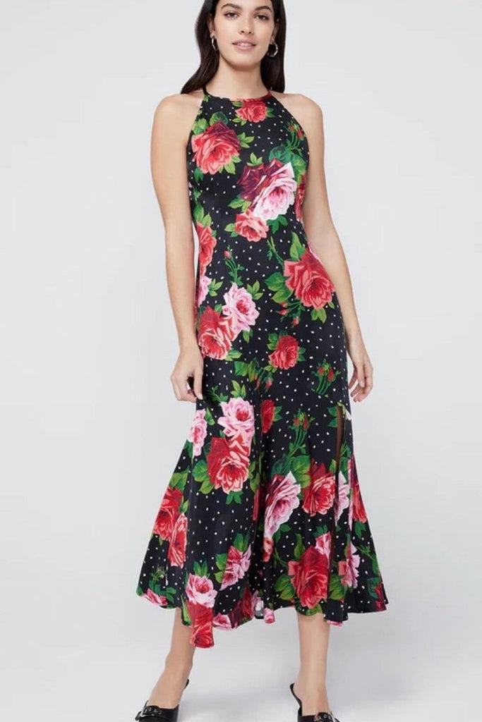 Rent RENT Kitri Lucia Red Painted Rose Halter Dress (RRP £170) – designer dress hire in UK sizes 8–16 from One Hit Wonders