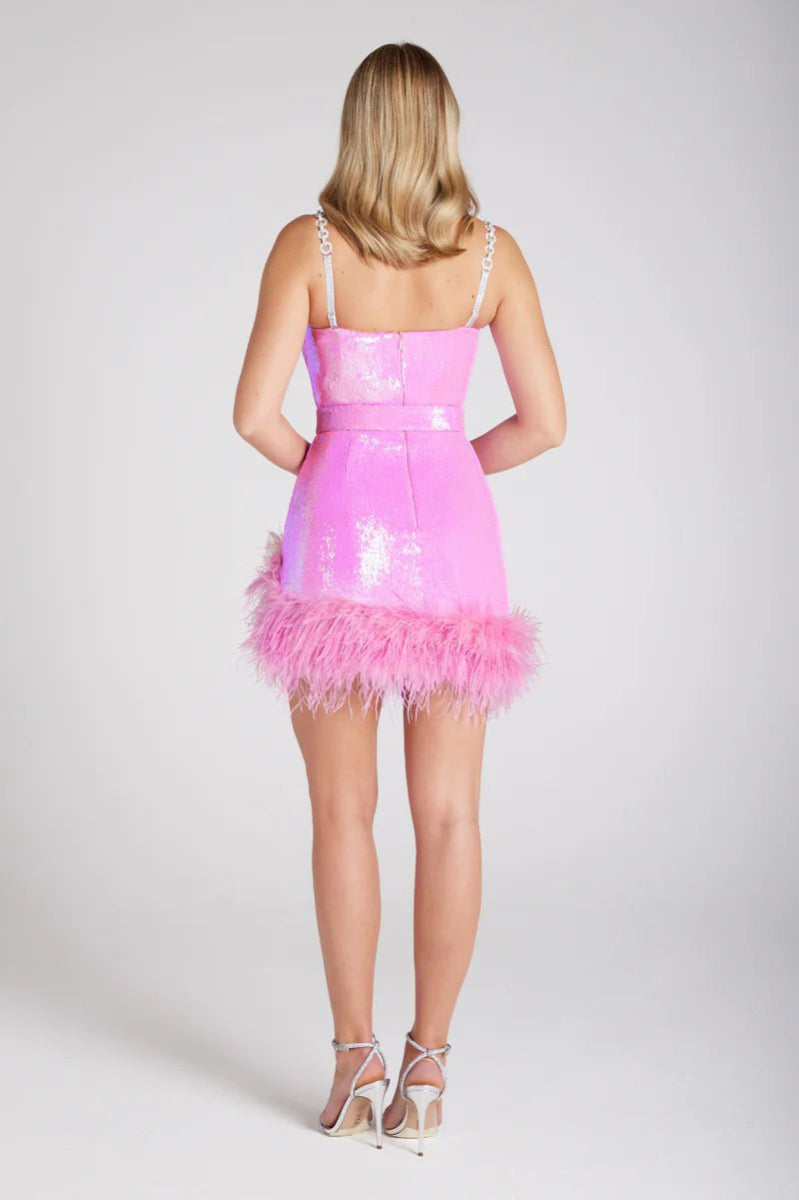 nadine merabi pink feather dress NADINE MERABI MILEY SEQUINS MINI FEATHER TRIM