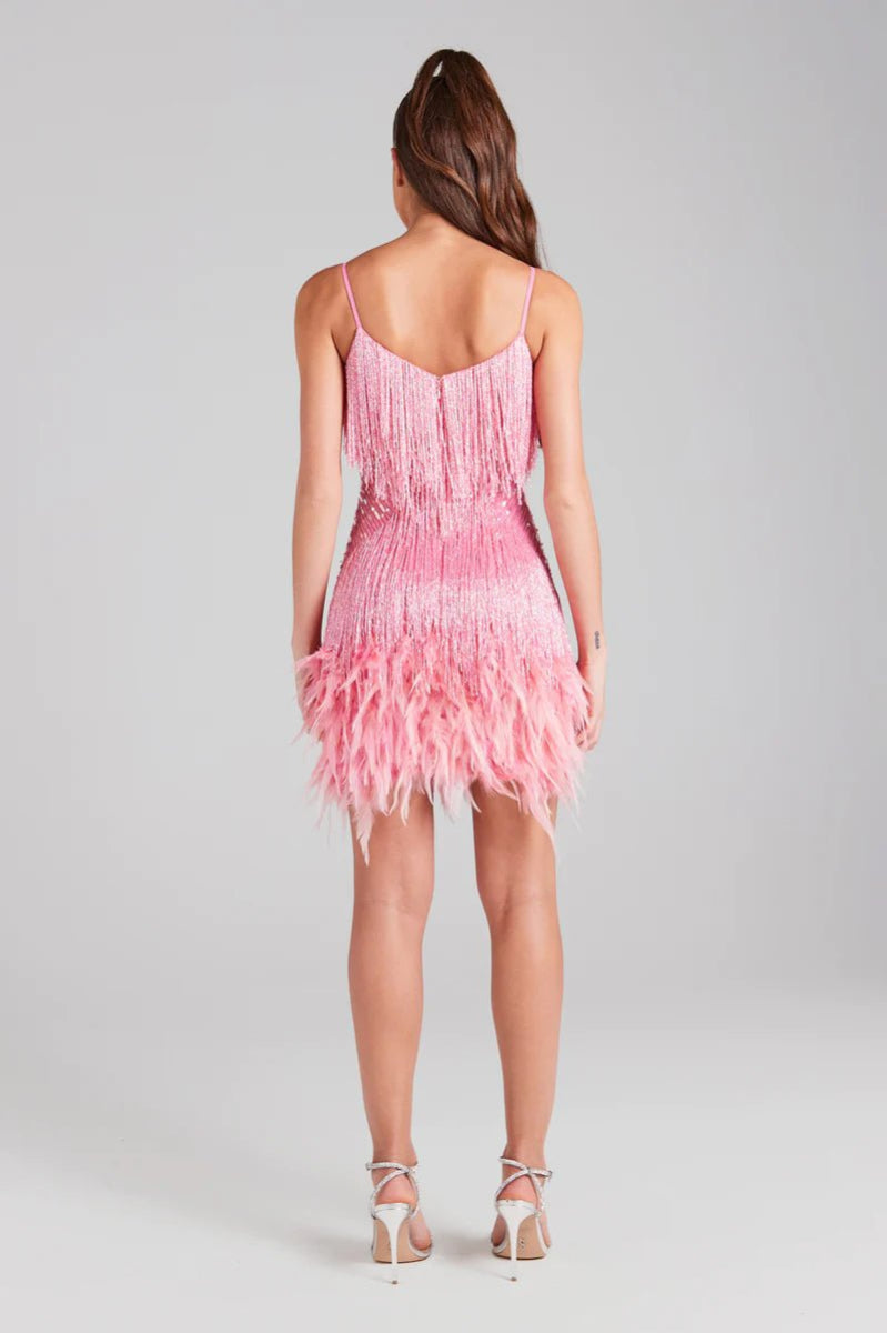nadine merabi pink feather dress Nadine Merabi Pink Evie Pearl Sequin Embellished Feather Trim Mini Dress