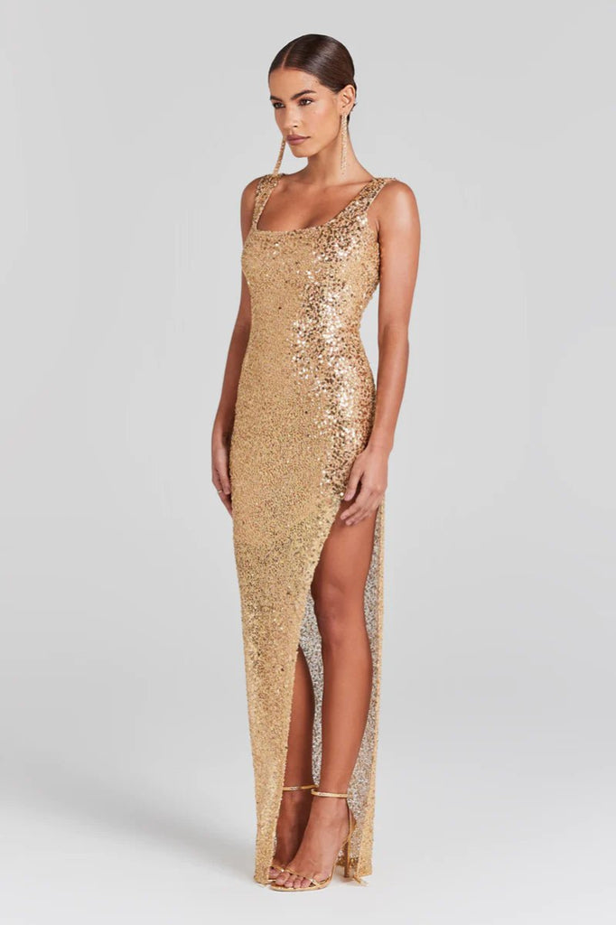 Rent RENT Nadine Merabi Louisa Gold Dress (RRP £395) – designer dress hire in UK sizes 8–16 from One Hit Wonders