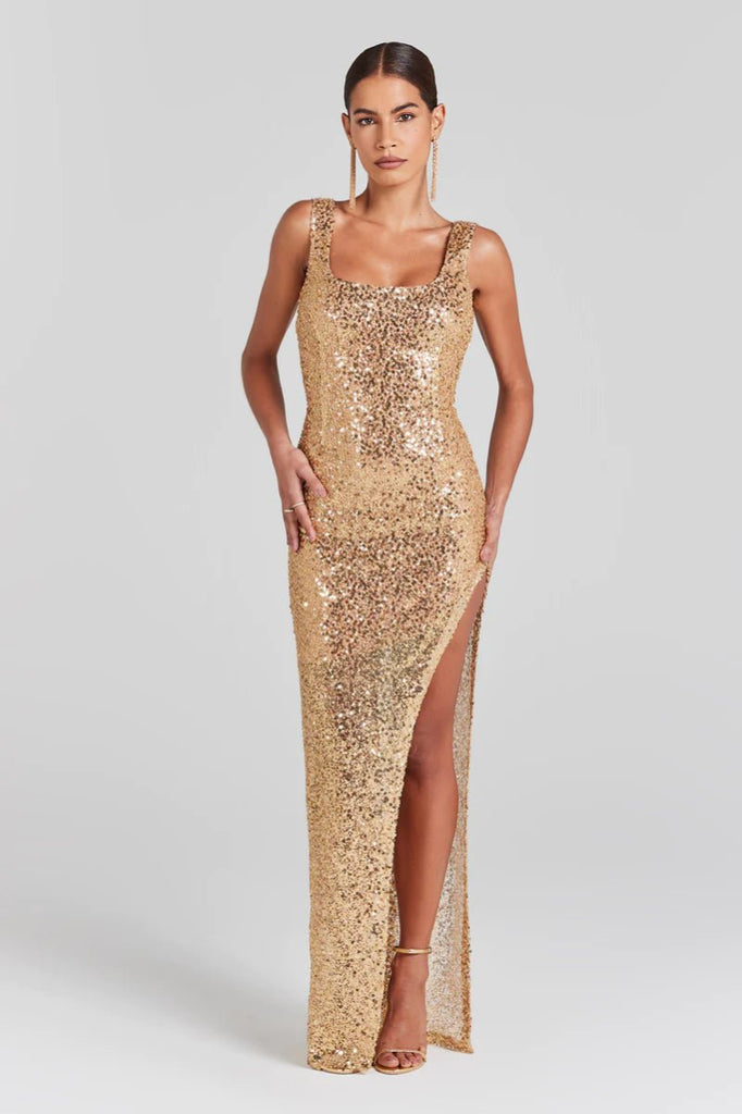 Rent RENT Nadine Merabi Louisa Gold Dress (RRP £395) – designer dress hire in UK sizes 8–16 from One Hit Wonders