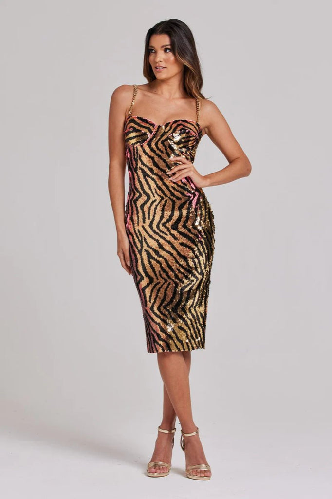 Rent RENT Nadine Merabi Rochelle Tiger Dress (RRP £245) – designer dress hire in UK sizes 8–16 from One Hit Wonders