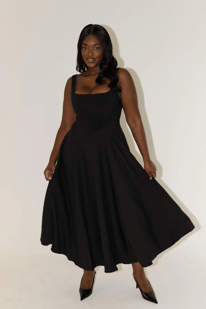 Rent RENT Odd Muse The Ultimate Muse High Waist Square Neck Black Midi Dress (RRP £145) – designer dress hire in UK sizes 8–16 from One Hit Wonders