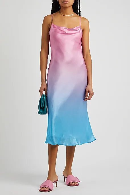 Rent RENT Olivia Rubin Aubrey Blue Pink Ombre Slip Dress (RRP £310) – designer dress hire in UK sizes 8–16 from One Hit Wonders