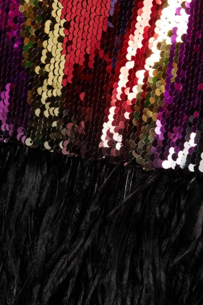 Rent RENT Rebecca Vallance Kaia Feather Trimmed Sequin Mini (RRP £375) – designer dress hire in UK sizes 8–16 from One Hit Wonders