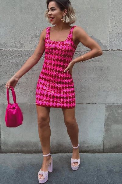 Rent RENT River Island Pink Check Sequin Mini Dress (RRP £90) – designer dress hire in UK sizes 8–16 from One Hit Wonders