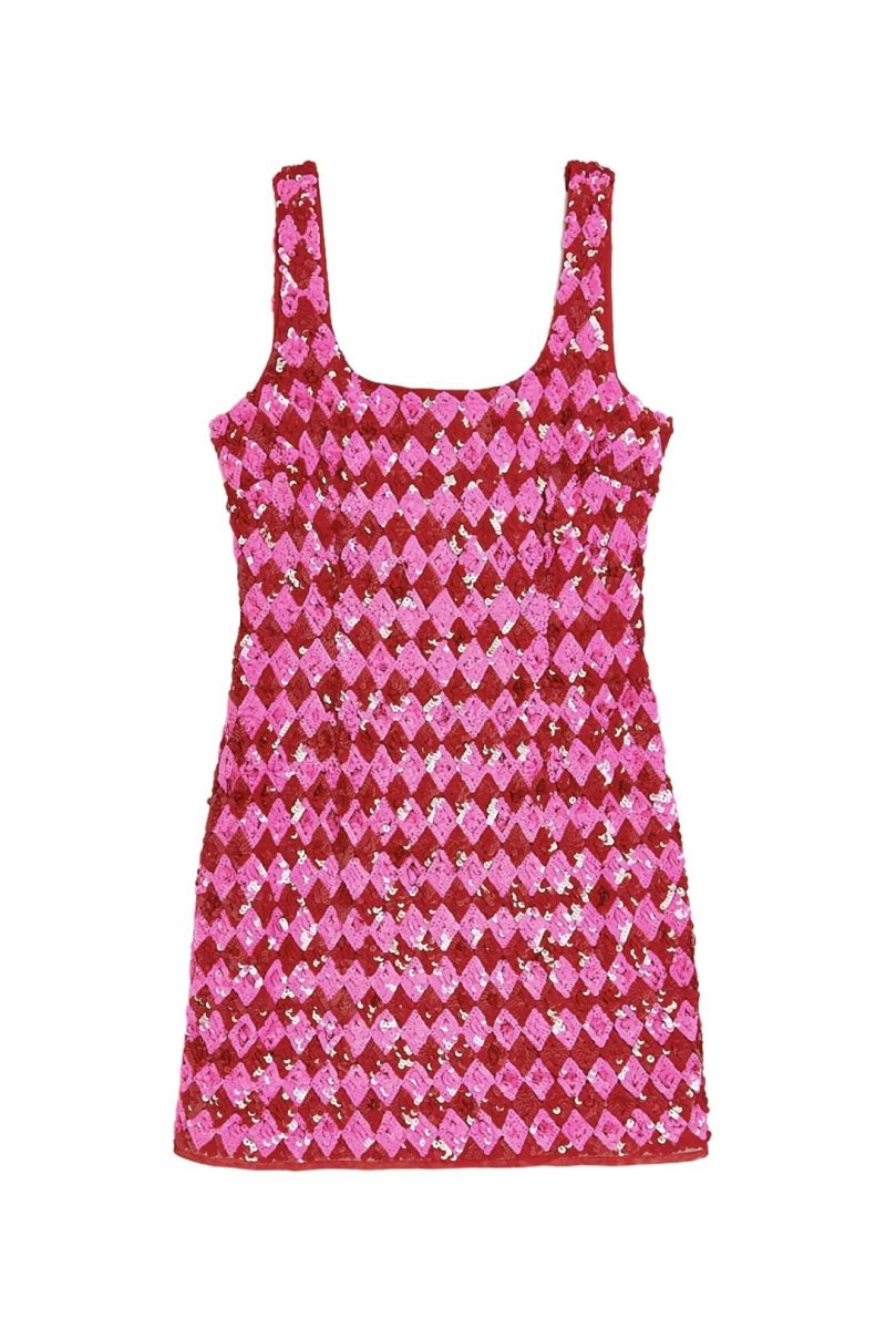 river island red sequin dress strapless open back dress River Island Pink/Red Sequin Dress