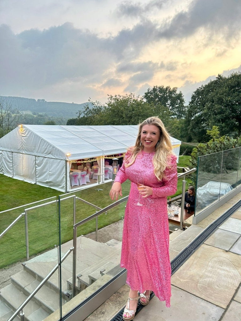Rent RENT Rixo Cerise Sequinned Midi Dress (RRP £385) – designer dress hire in UK sizes 8–16 from One Hit Wonders