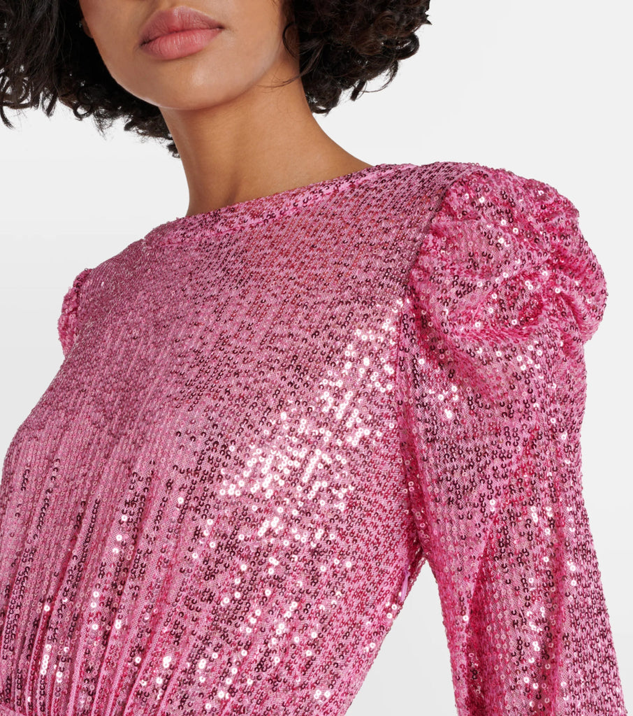 Rent RENT Rixo Cerise Sequinned Midi Dress (RRP £385) – designer dress hire in UK sizes 8–16 from One Hit Wonders