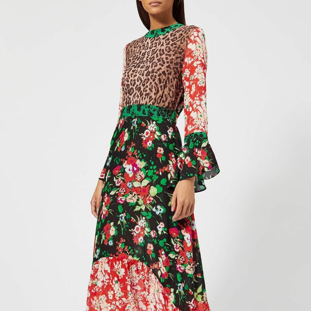 Rent RENT Rixo Chrissy Mixed Print Midi Dress with Flared Cuff (RRP £300) – designer dress hire in UK sizes 8–16 from One Hit Wonders