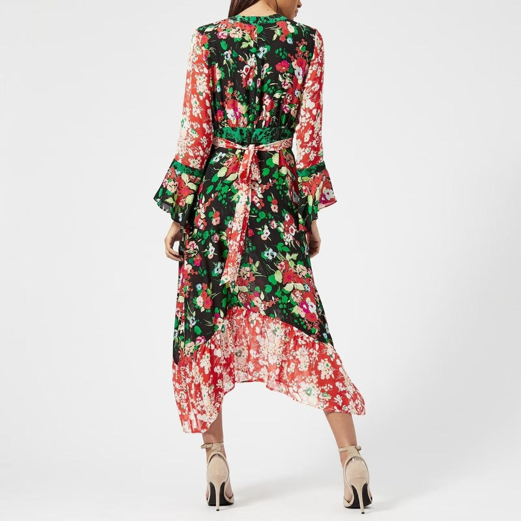 Rent RENT Rixo Chrissy Mixed Print Midi Dress with Flared Cuff (RRP £300) – designer dress hire in UK sizes 8–16 from One Hit Wonders
