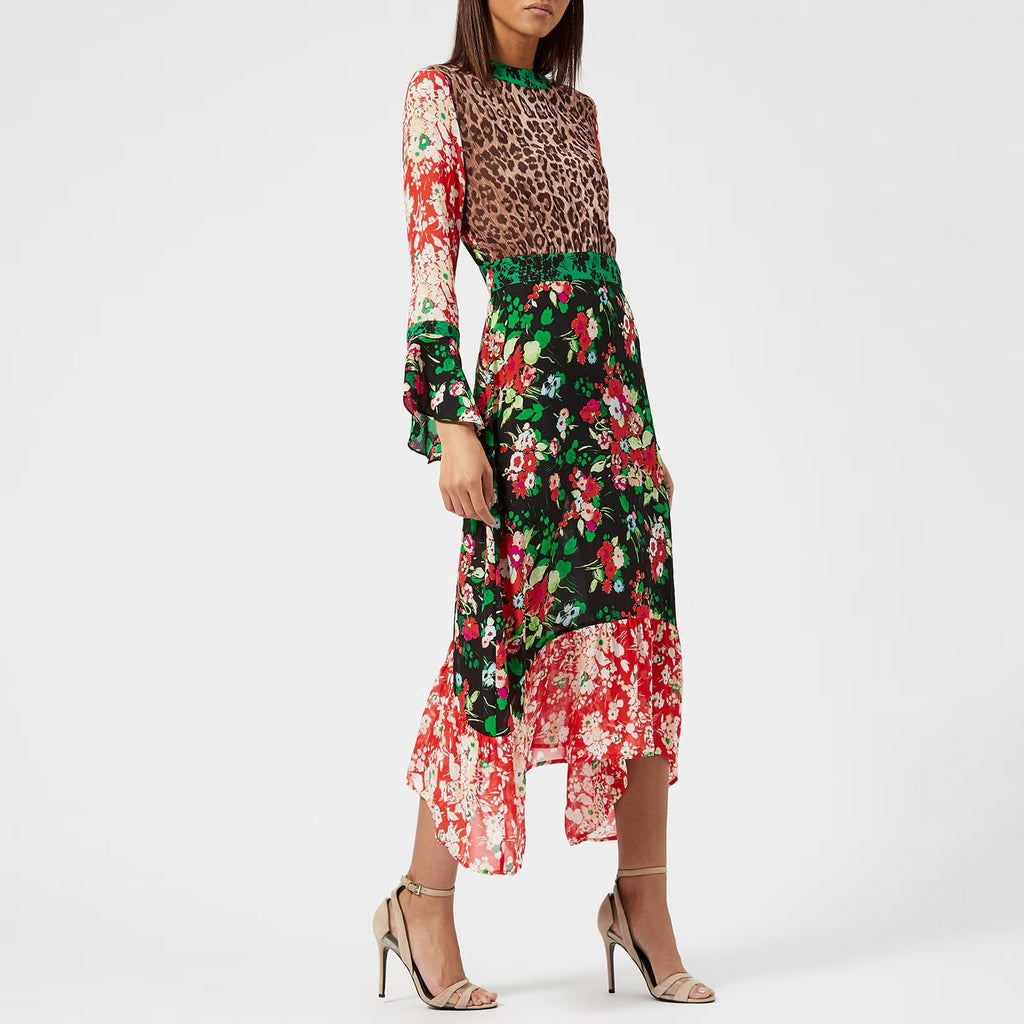 RENT Rixo Chrissy Mixed Print Midi Dress with Flared Cuff (RRP £300) - Rent Now from One Hit Wonders