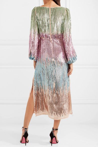 rixo coco long-sleeve boat-neck sequin midi dress RIXO Coco Long-Sleeve Boat-Neck Sequin Midi Dress