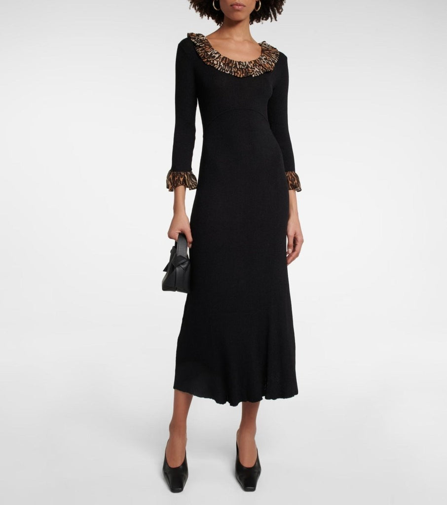Rent RENT Rixo Mika ruffled ribbed - knit midi dress (RRP £285) – designer dress hire in UK sizes 8–16 from One Hit Wonders