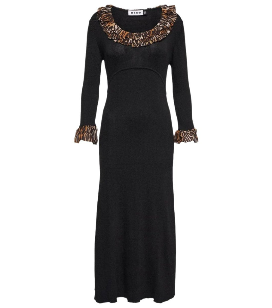 Rent RENT Rixo Mika ruffled ribbed - knit midi dress (RRP £285) – designer dress hire in UK sizes 8–16 from One Hit Wonders