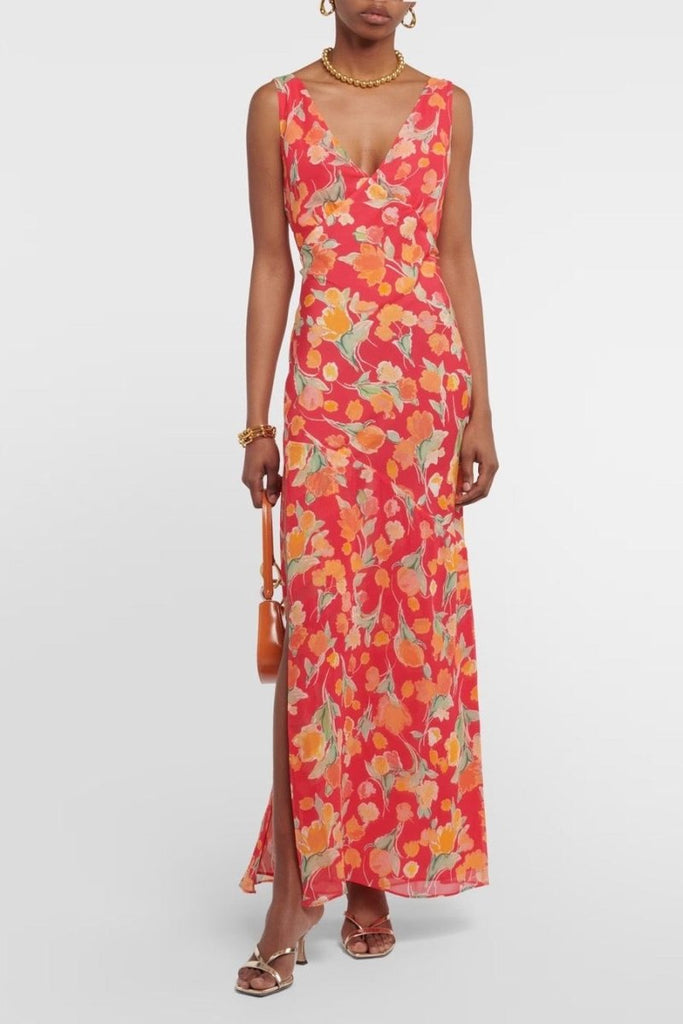 Rent RENT Rixo Moniq Fontainhas Floral Coral Dress (RRP £340) – designer dress hire in UK sizes 8–16 from One Hit Wonders