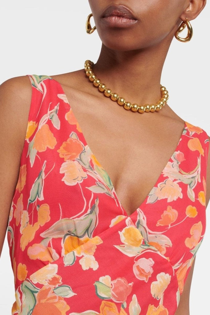 Rent RENT Rixo Moniq Fontainhas Floral Coral Dress (RRP £340) – designer dress hire in UK sizes 8–16 from One Hit Wonders