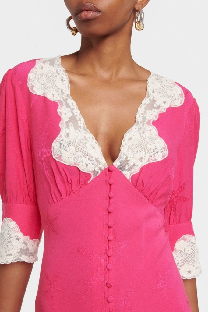 Rent RENT Rixo Pink Lace Trimmed Satin (RRP £292) – designer dress hire in UK sizes 8–16 from One Hit Wonders