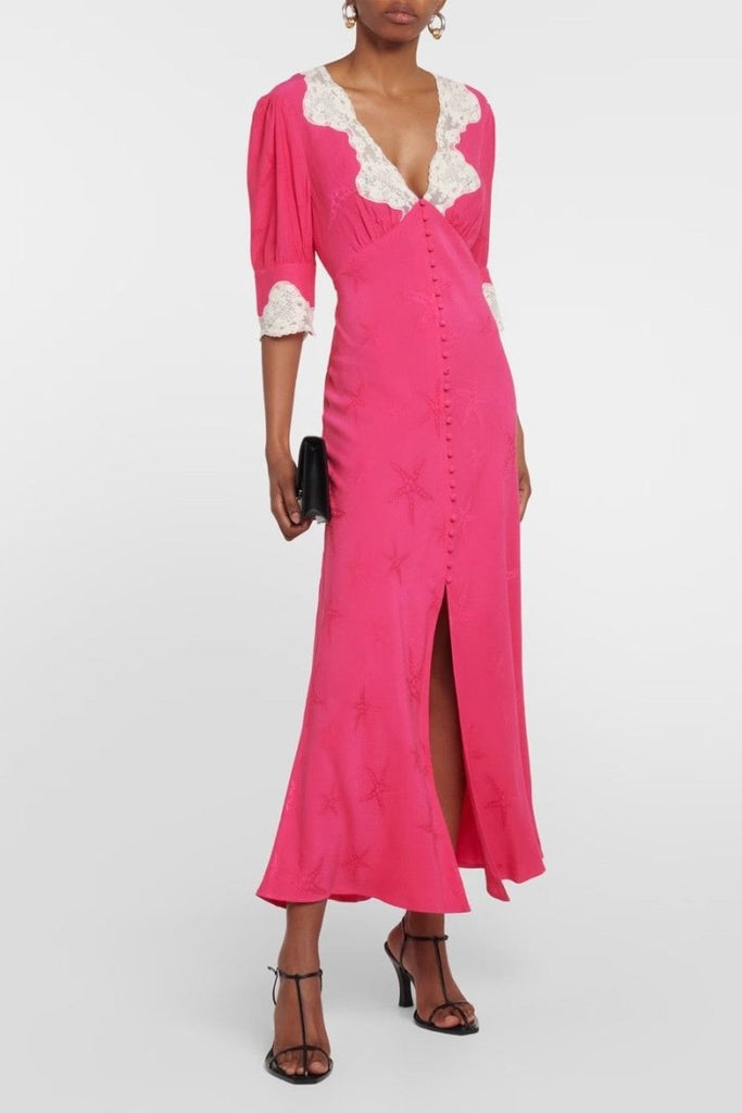 Rent RENT Rixo Pink Lace Trimmed Satin (RRP £292) – designer dress hire in UK sizes 8–16 from One Hit Wonders