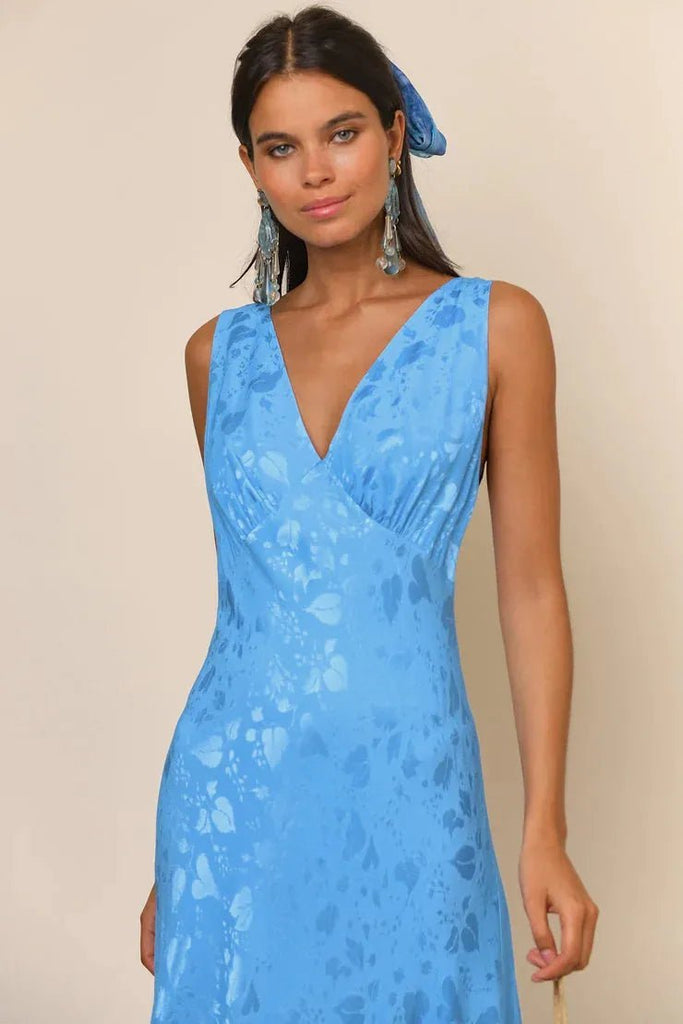 Rent RENT Rixo Sandrine Blue Leaf (RRP £235) – designer dress hire in UK sizes 8–16 from One Hit Wonders