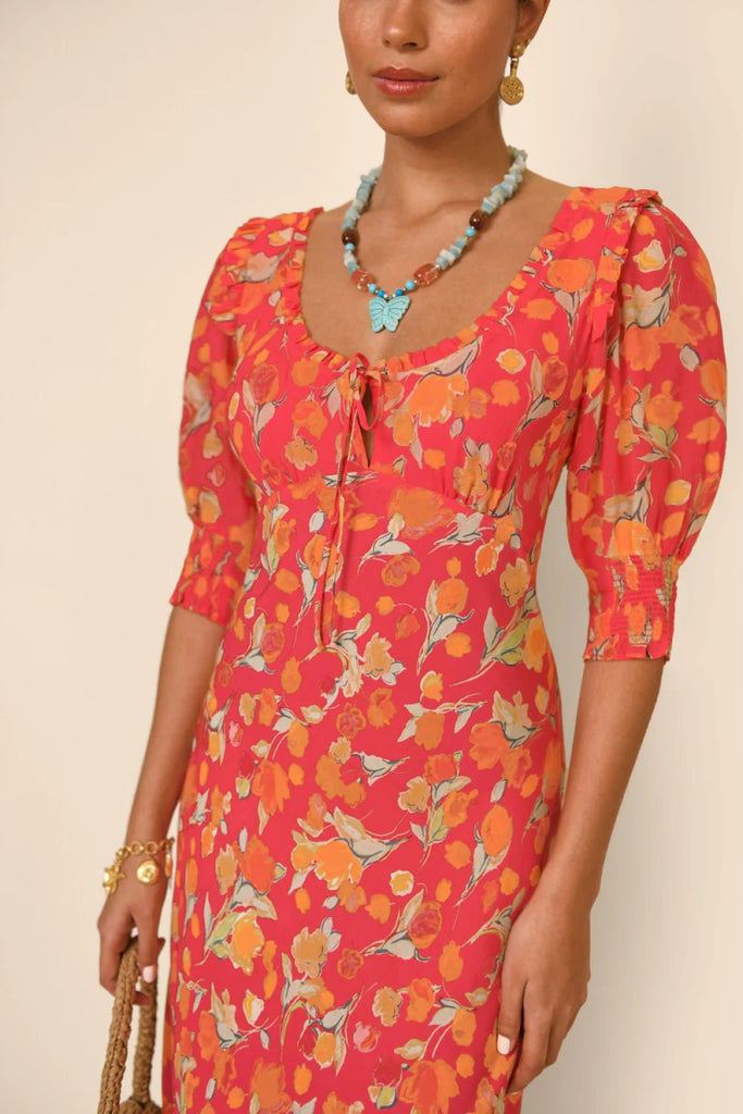 Rent RENT Rixo Sathya Midi Dress - Fontainhas Floral Coral (RRP £285) – designer dress hire in UK sizes 8–16 from One Hit Wonders
