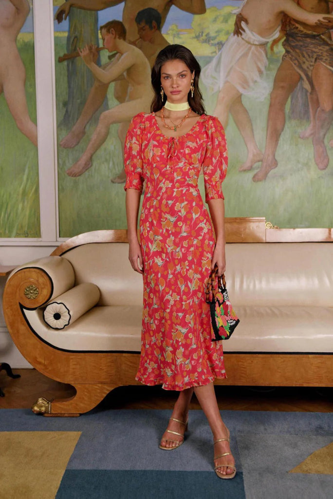 Rent RENT Rixo Sathya Midi Dress - Fontainhas Floral Coral (RRP £285) – designer dress hire in UK sizes 8–16 from One Hit Wonders