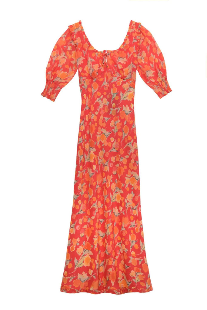 Rent RENT Rixo Sathya Midi Dress - Fontainhas Floral Coral (RRP £285) – designer dress hire in UK sizes 8–16 from One Hit Wonders