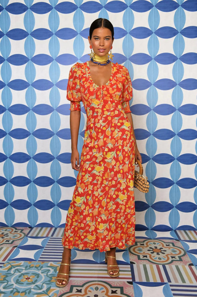 Rent RENT Rixo Sathya Midi Dress - Fontainhas Floral Coral (RRP £285) – designer dress hire in UK sizes 8–16 from One Hit Wonders