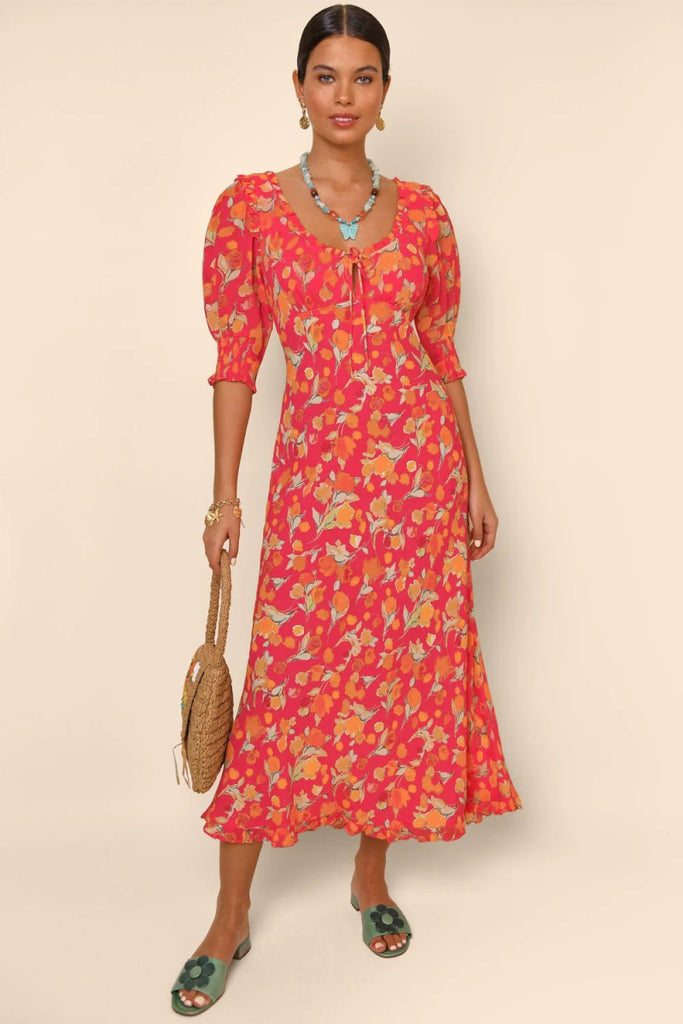Rent RENT Rixo Sathya Midi Dress - Fontainhas Floral Coral (RRP £285) – designer dress hire in UK sizes 8–16 from One Hit Wonders