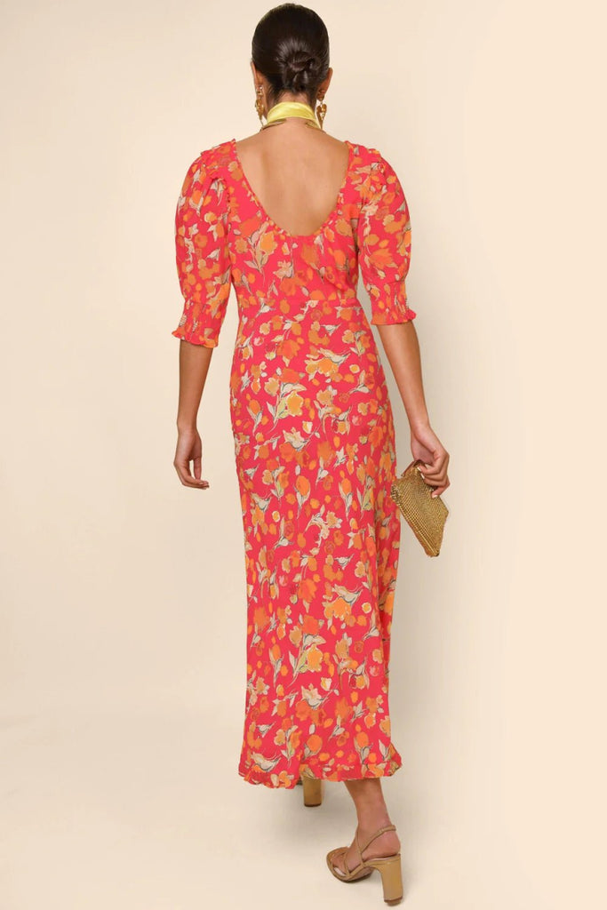 Rent RENT Rixo Sathya Midi Dress - Fontainhas Floral Coral (RRP £285) – designer dress hire in UK sizes 8–16 from One Hit Wonders