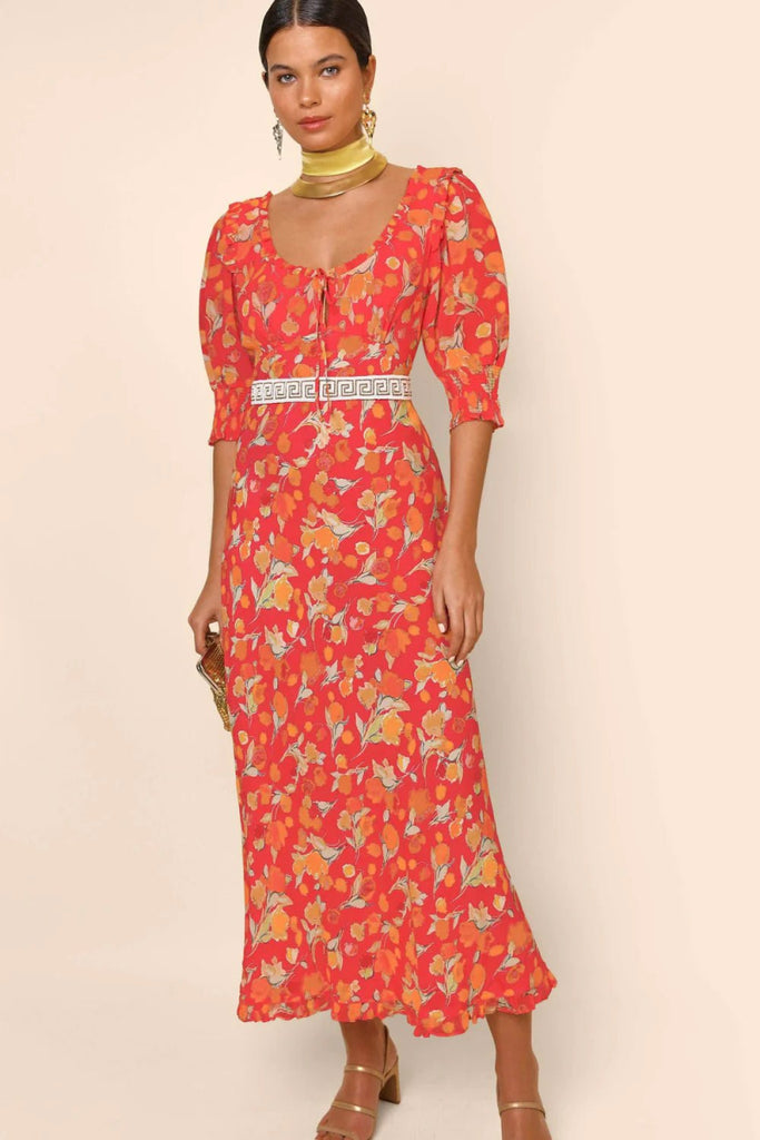 Rent RENT Rixo Sathya Midi Dress - Fontainhas Floral Coral (RRP £285) – designer dress hire in UK sizes 8–16 from One Hit Wonders