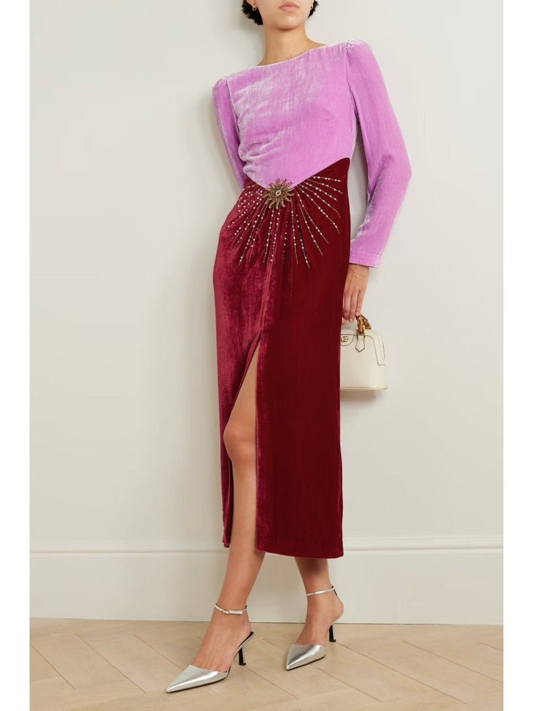 Rent RENT Saloni Alix crystal - embellished velvet midi dress (RRP £695) – designer dress hire in UK sizes 8–16 from One Hit Wonders