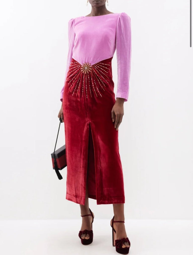 Rent RENT Saloni Alix crystal - embellished velvet midi dress (RRP £695) – designer dress hire in UK sizes 8–16 from One Hit Wonders