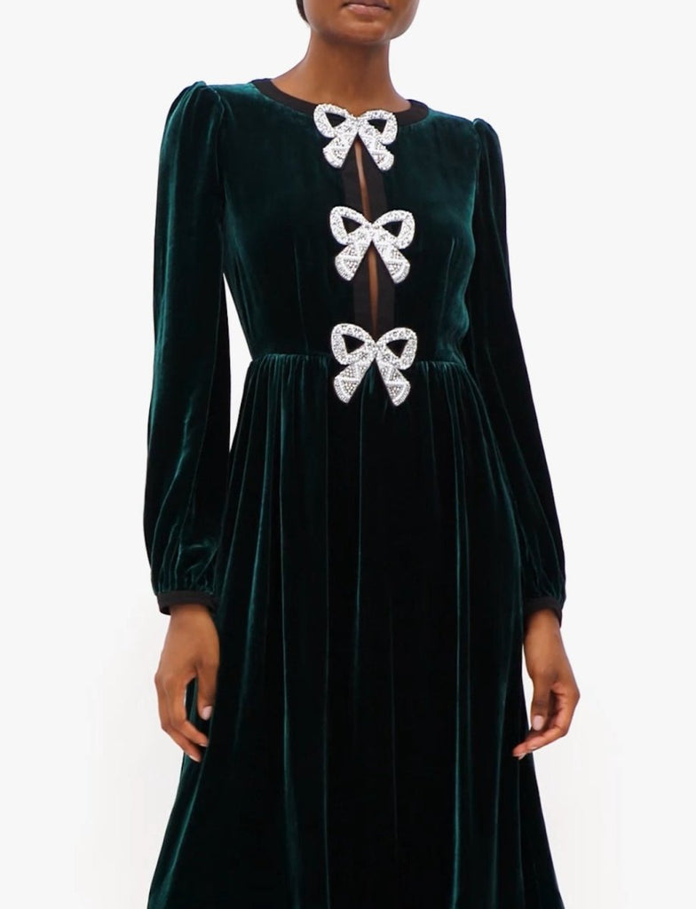 Rent RENT Saloni Camille Embellished Bow Velvet Midi Green (RRP £695) – designer dress hire in UK sizes 8–16 from One Hit Wonders