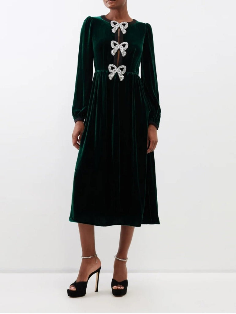 Rent RENT Saloni Camille Embellished Bow Velvet Midi Green (RRP £695) – designer dress hire in UK sizes 8–16 from One Hit Wonders