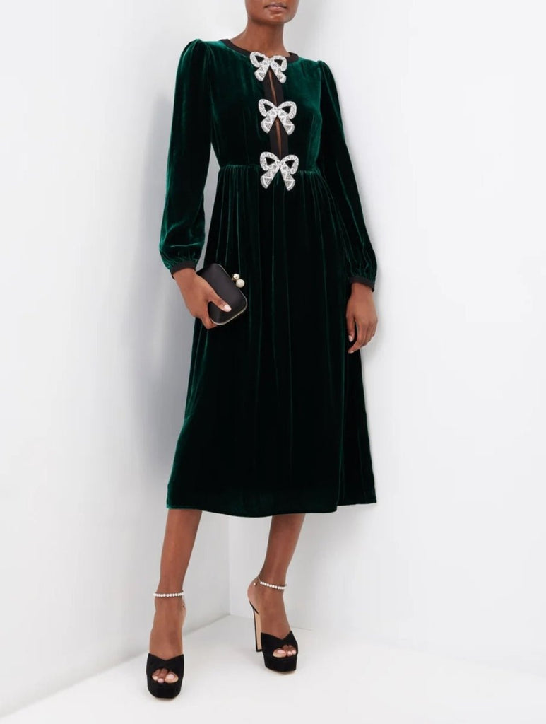 Rent RENT Saloni Camille Embellished Bow Velvet Midi Green (RRP £695) – designer dress hire in UK sizes 8–16 from One Hit Wonders