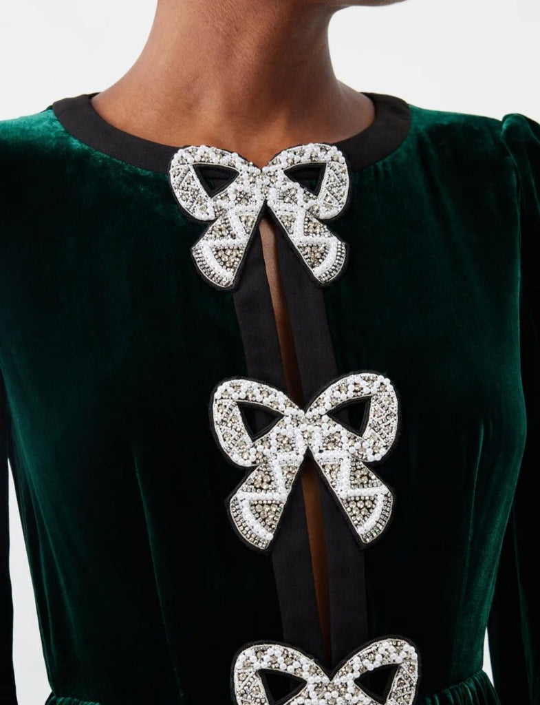 Rent RENT Saloni Camille Embellished Bow Velvet Midi Green (RRP £695) – designer dress hire in UK sizes 8–16 from One Hit Wonders