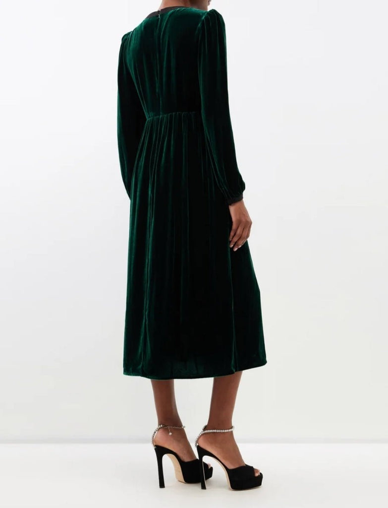 Rent RENT Saloni Camille Embellished Bow Velvet Midi Green (RRP £695) – designer dress hire in UK sizes 8–16 from One Hit Wonders
