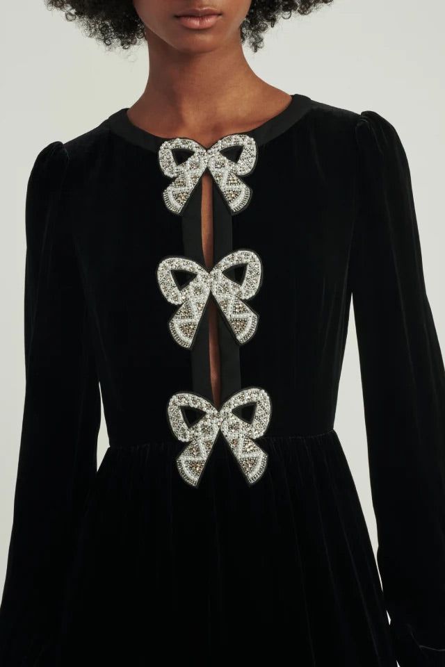 Rent RENT Saloni Camille Embellished Bow Velvet Midi (RRP £695) – designer dress hire in UK sizes 8–16 from One Hit Wonders