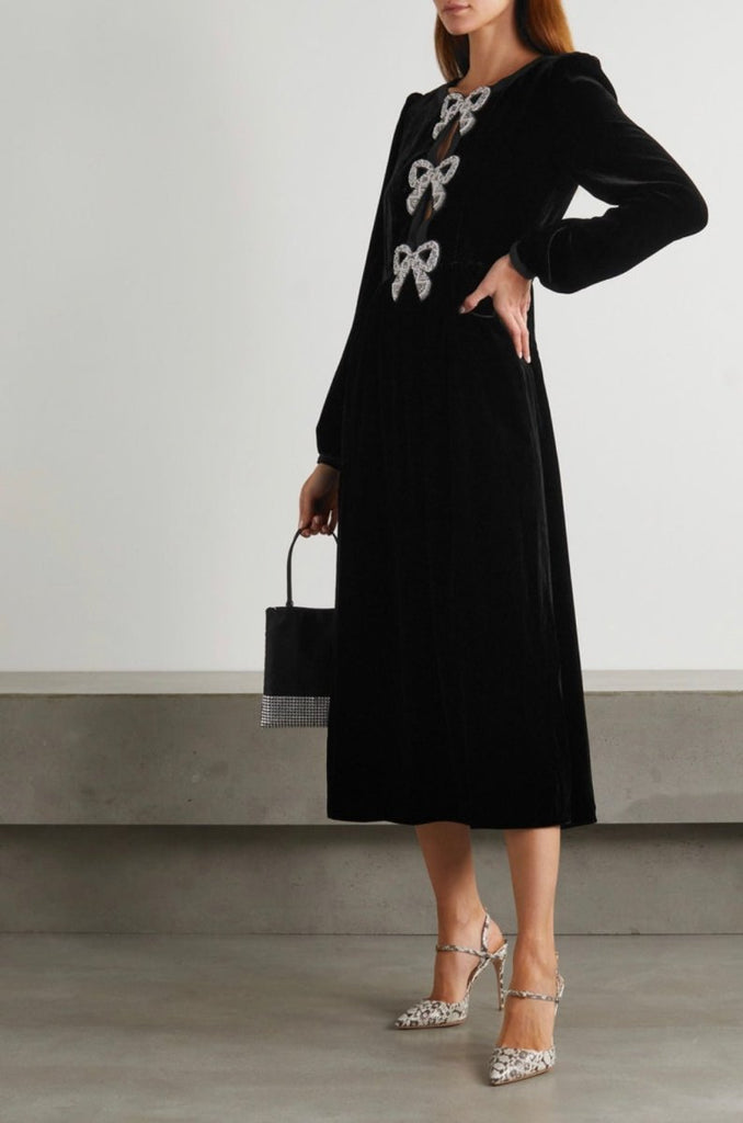 Rent RENT Saloni Camille Embellished Bow Velvet Midi (RRP £695) – designer dress hire in UK sizes 8–16 from One Hit Wonders