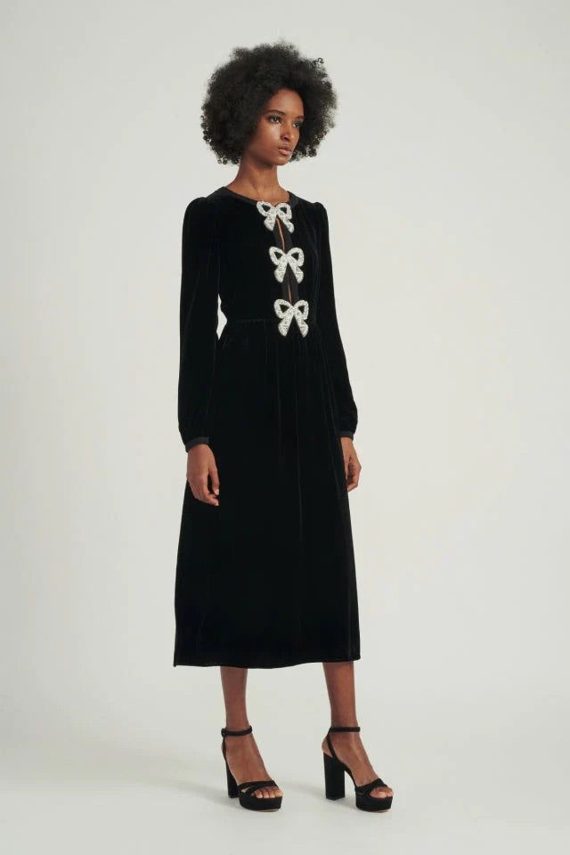 Rent RENT Saloni Camille Embellished Bow Velvet Midi (RRP £695) – designer dress hire in UK sizes 8–16 from One Hit Wonders
