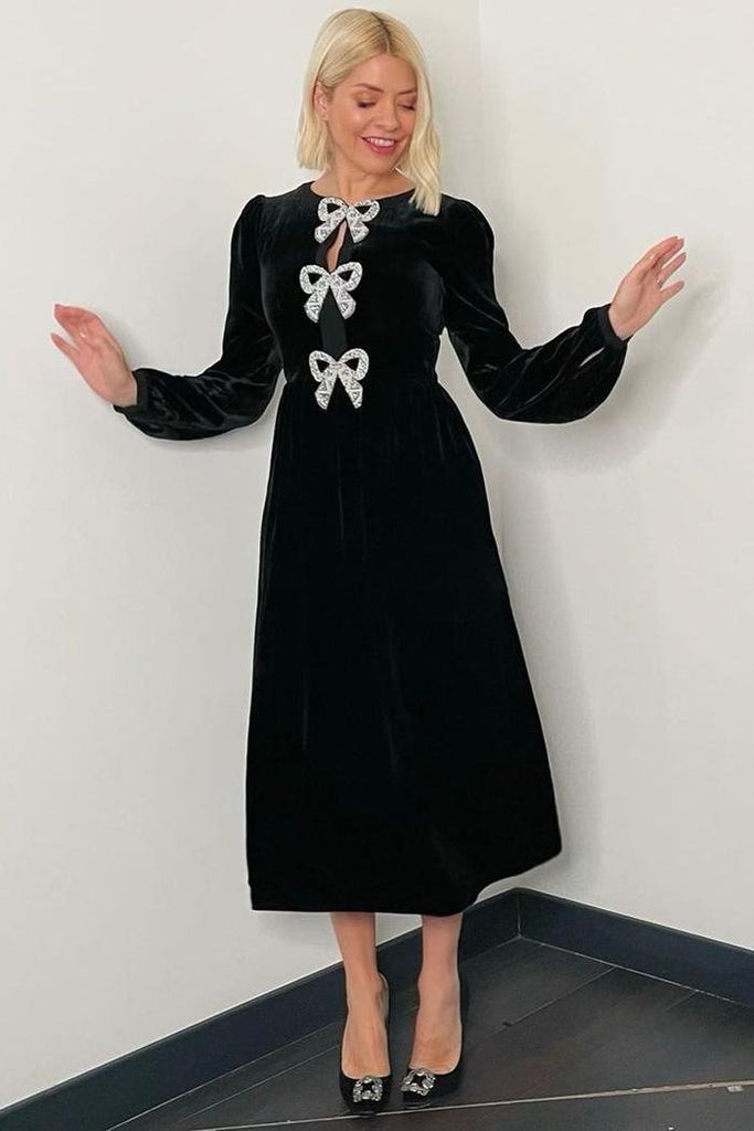Rent RENT Saloni Camille Embellished Bow Velvet Midi (RRP £695) – designer dress hire in UK sizes 8–16 from One Hit Wonders