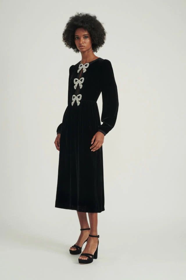 Rent RENT Saloni Camille Embellished Bow Velvet Midi (RRP £695) – designer dress hire in UK sizes 8–16 from One Hit Wonders
