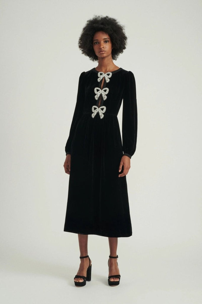Rent RENT Saloni Camille Embellished Bow Velvet Midi (RRP £695) – designer dress hire in UK sizes 8–16 from One Hit Wonders