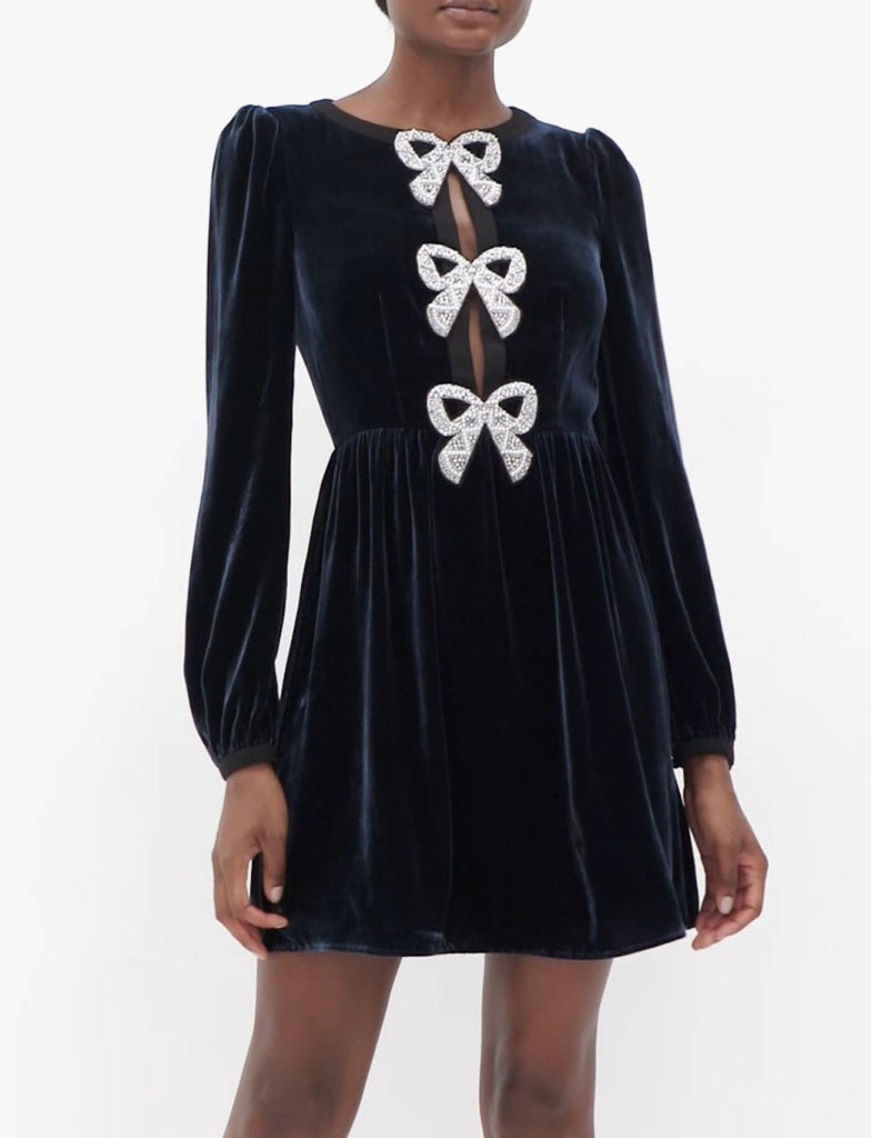Rent RENT Saloni Navy Camille crystal - bow velvet mini dress (RRP £625) – designer dress hire in UK sizes 8–16 from One Hit Wonders