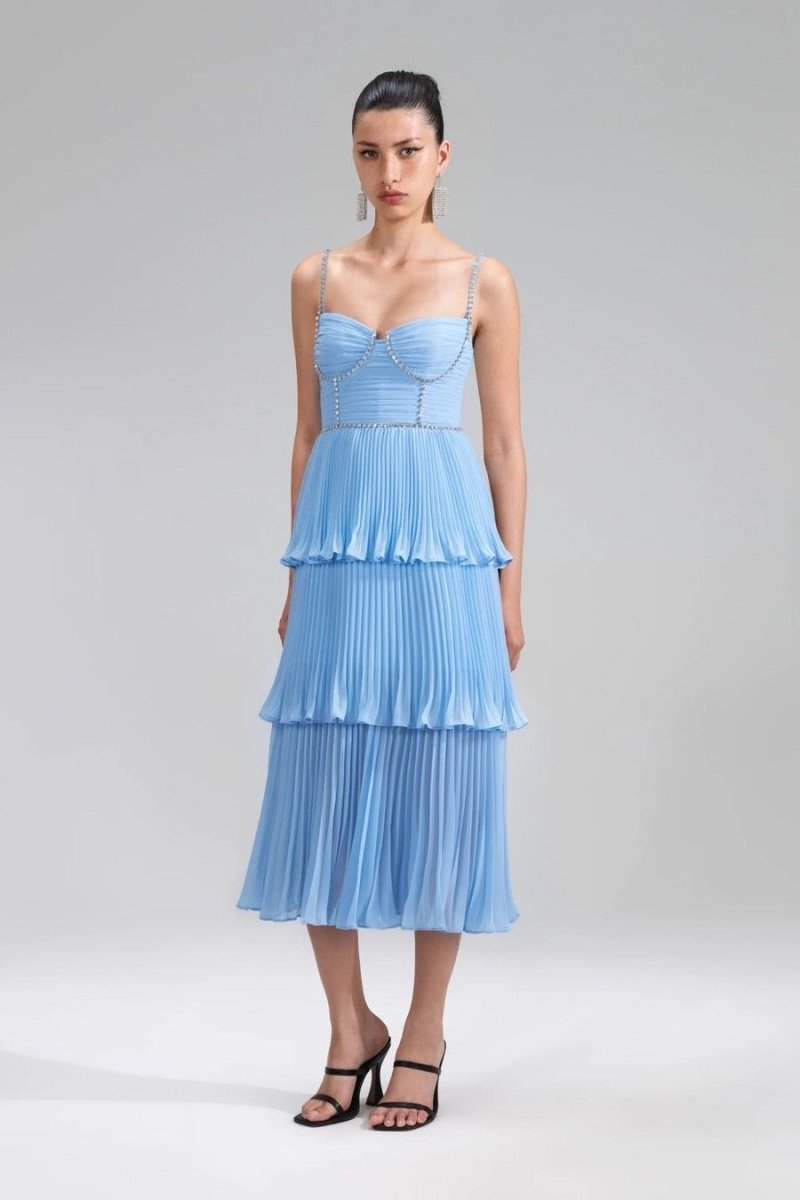RENT Self Portrait Blue Chiffon Tiered Midi Dress (RRP 380) | One Hit Wonders RENT Self Portrait Blue Chiffon Tiered Midi Dress (RRP 380) | One Hit Wonders