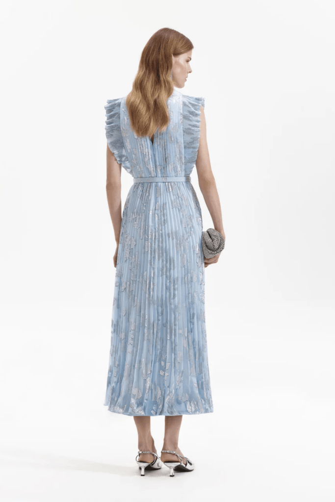 Rent RENT Self - Portrait Blue Metallic Floral Midi Dress (RRP £420) – designer dress hire in UK sizes 8–16 from One Hit Wonders
