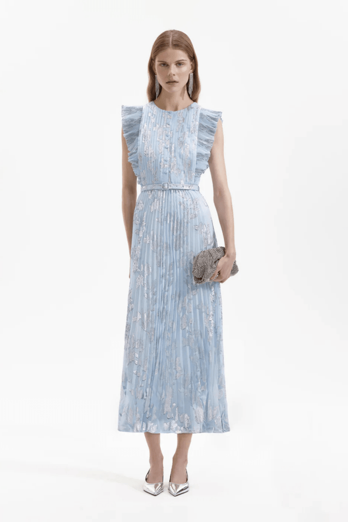 Rent RENT Self - Portrait Blue Metallic Floral Midi Dress (RRP £420) – designer dress hire in UK sizes 8–16 from One Hit Wonders