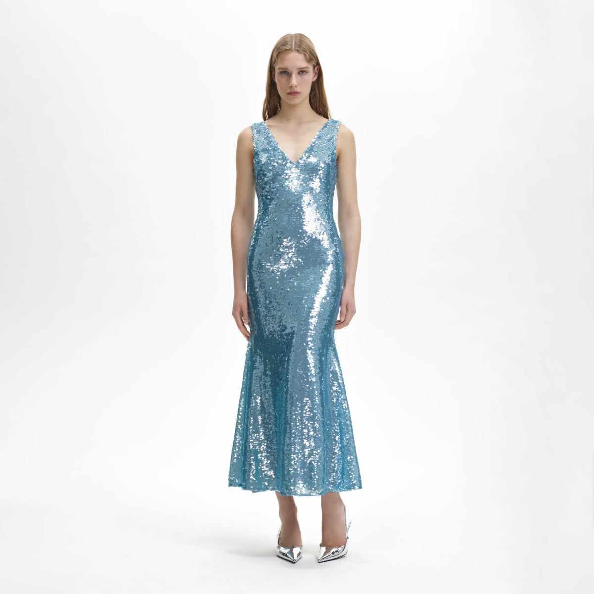 RENT Self Portrait Blue Sequin V Neck Maxi (RRP 440) | One Hit Wonders RENT Self Portrait Blue Sequin V Neck Maxi (RRP 440) | One Hit Wonders