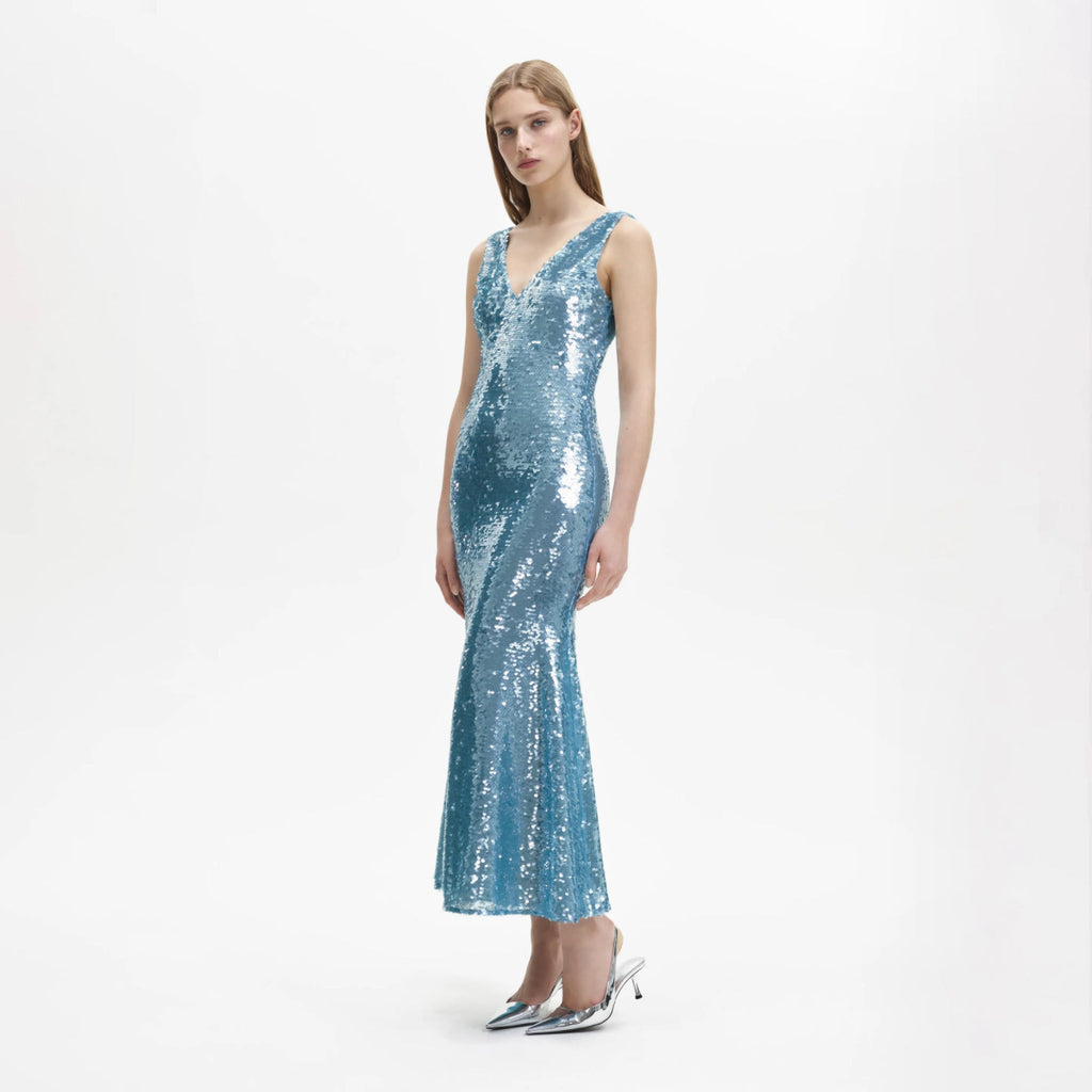 Rent RENT Self Portrait Blue Sequin V Neck Maxi (RRP £440) – designer dress hire in UK sizes 8–16 from One Hit Wonders